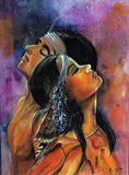 Couple d'indiens d'Amérique à l'aquarelle et au pastel sec, (62x74cm) tableau vendu