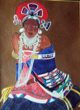 Femme de l'etnie ngwane d'Afrique du sud dans son costume traditionnel peinte à l'aquarelle sur fond d'or (62x74cm)