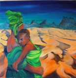 Huile représentant une femme berçant son enfant dans le désert.(100/100cm)<br>
tableau puisant son inspiration dans la chanson de Michèle Bernard, Nomade