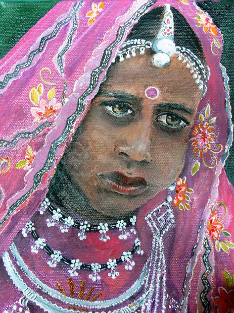 tableau  l'huile reprsentant le portrait d'une jeune indienne 	          dans son costume traditionnel