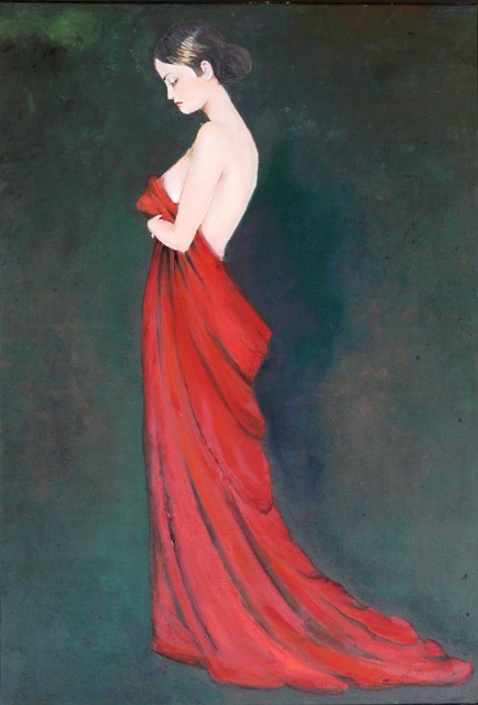 tableau àl'huile représantant une femme drapée dans une longue robe 	rouge