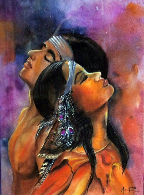 tableau à l'aquarelle et pastel représentant un couple d'indiens 	d'Amérique