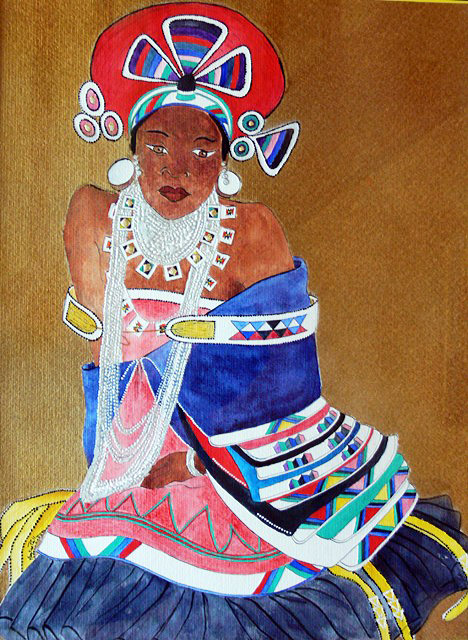 tableau à l'aquarelle d'une femme de l'ethnie ngwane d'Afrique du Sud dans son costume traditionnel
