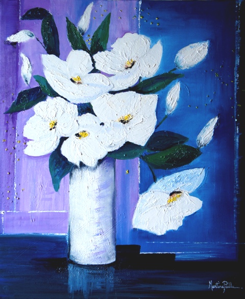 Bouquet peint à l'huile avec une dominante de blanc