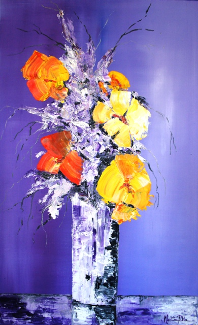 Bouquet peint à l'huile avec une dominante de fleurs de pavots