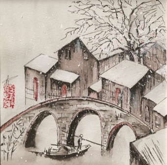 dessins à l'encre de chine aquarellée représentant un village ancien de Chine