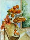 Nature morte oranges et branche de fleurs à l'aquarelle (59x72cm) tableau vendu