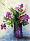 Bouquet de fleurs mauves dans un vase mauve (50x60cm)