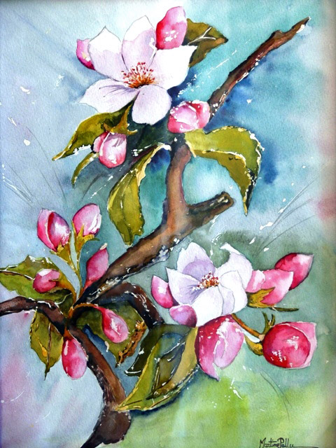 peinture à l'aquarelle d'une branche de pommier printanière