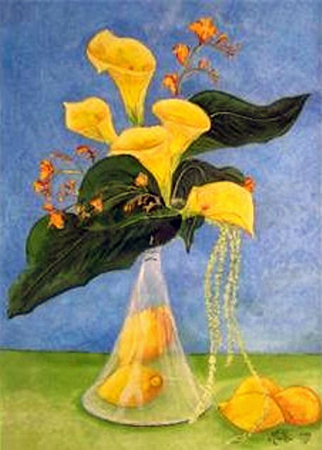 peinture à l'aquarelle d'une nature morte avec citrons et branche de 	fleurs