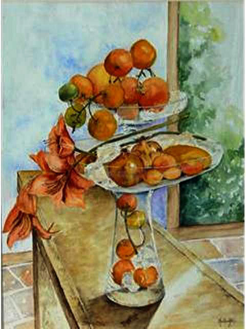 aquarelle représentant un bouquet orange et des oranges