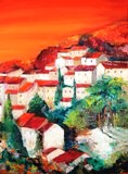 Huile d'une vue de la ville de Bormes les Mimosas dans le Var (taille 25F) tableau vendu