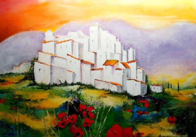 tableau à l'huile représentant une petite ville d'Andalousie au sud de l'Espagne